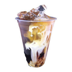 An iced coffee with milk swirling through it