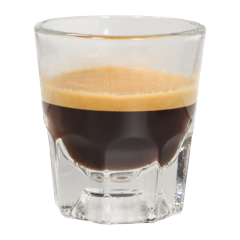 A shot of espresso with crema in a small glass