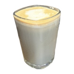 A flat white in a glass