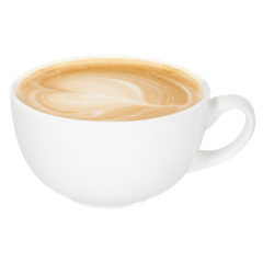 A latte with foam art in a wide white cup