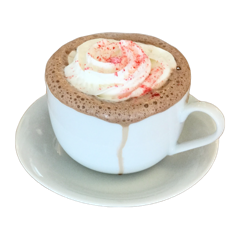 A peppermint mocha topped with whipped cream and crushed peppermint in a cup and saucer
