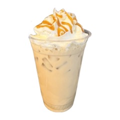 An iced salty caramel latte topped with whipped cream and caramel