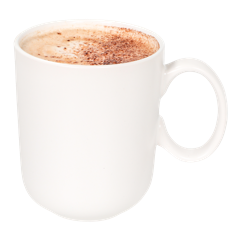 A hot mocha dusted with cocoa in a white mug