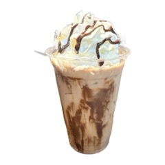 An iced mocha with chocolate swirl and whipped cream