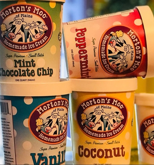 Stacked quarts of Morton’s Moo ice cream with polka dot labels
