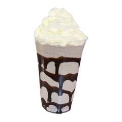 A vanilla milkshake with chocolate swirl and whipped cream