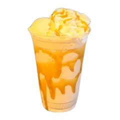 A caramel-swirled milkshake heaped with whipped cream and caramel