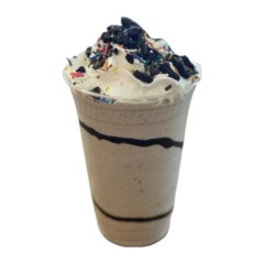 A cookies and cream milkshake with a chocolate swirl and cookie crumbles on whipped cream
