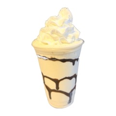 A banana vanilla milkshake with chocolate swirl and whipped cream