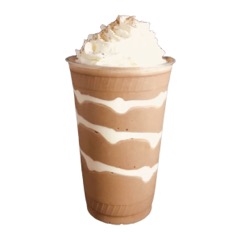 A chocolate horchata milkshake striped with marshmallow swirl under whipped cream